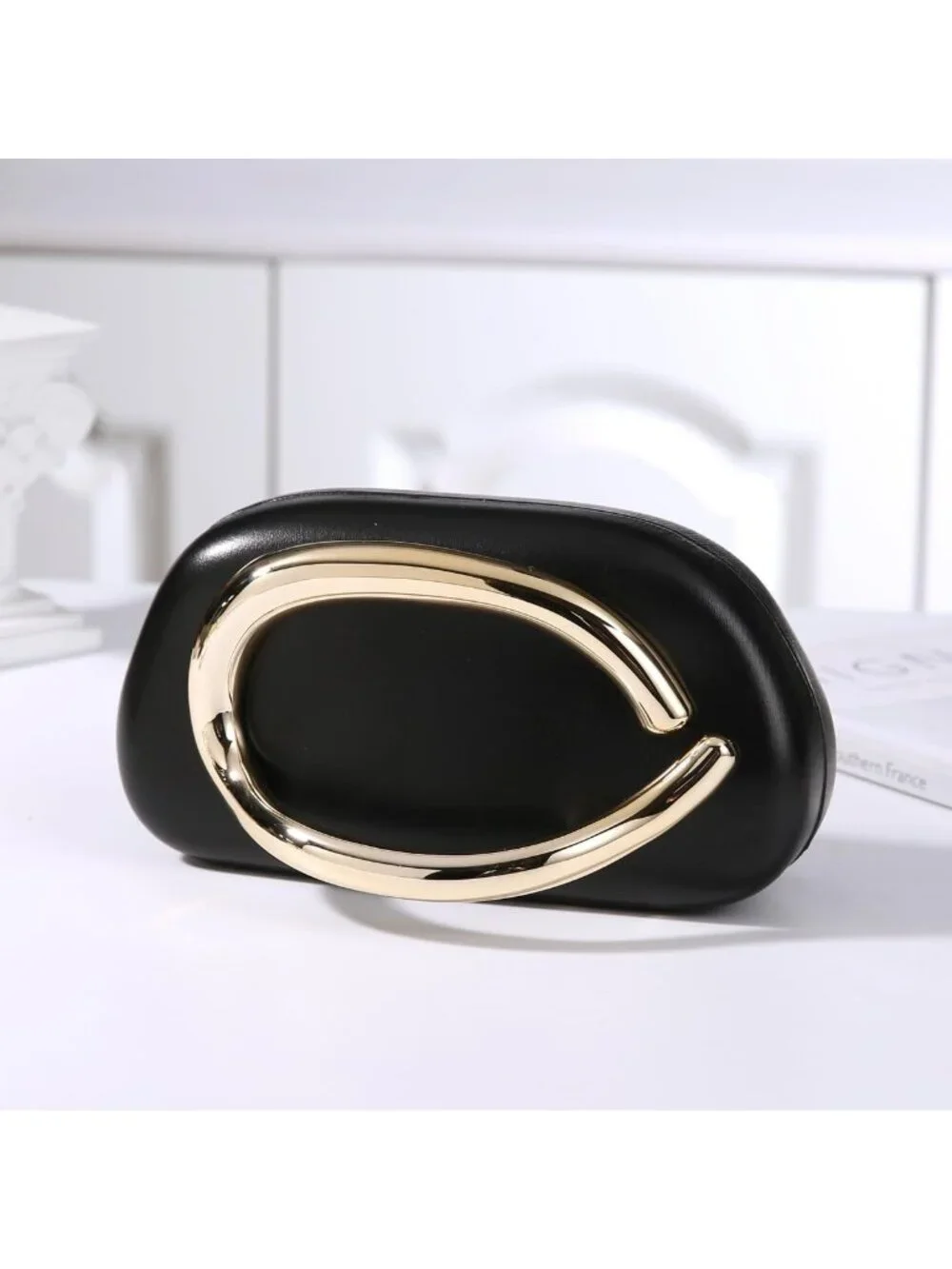 👜Women's Black Art Deco Clutch Gold-Tone Handle Evening Party Purse Bag